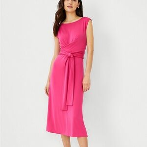 NWT Ann Taylor Cap Sleeve Tie Waist Midi Dress Size 4 Pink Flare